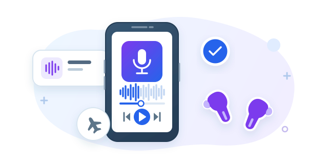 A phone playing a saved audio file next to earbuds and an offline badge