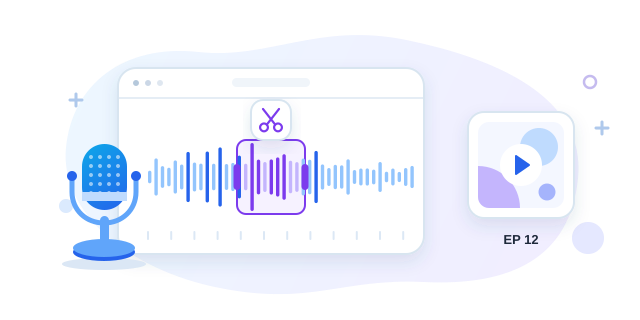 An audio editor with a highlighted clip, a microphone and a podcast cover